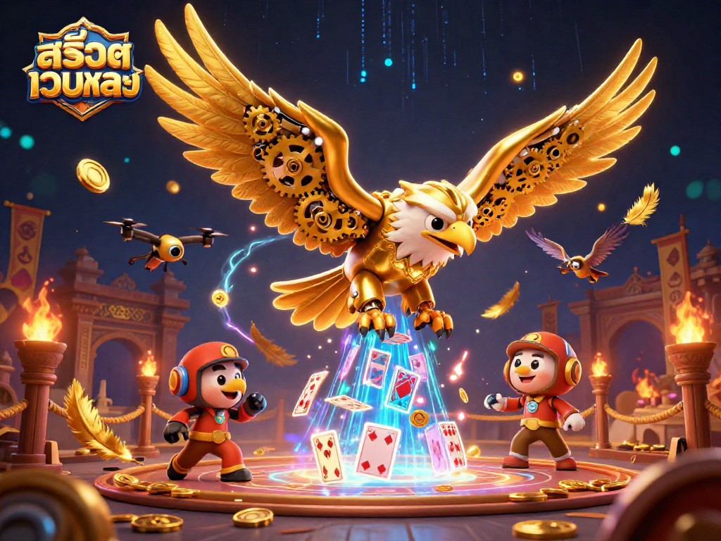 Explore thrilling สล็อตเว็บตรง gaming with dynamic golden eagle illustrations and casino elements.
