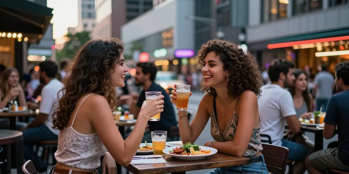 Gái gọi tương tác cùng bạn bè tại quán bar ngoài trời, tối tân cổ điển.