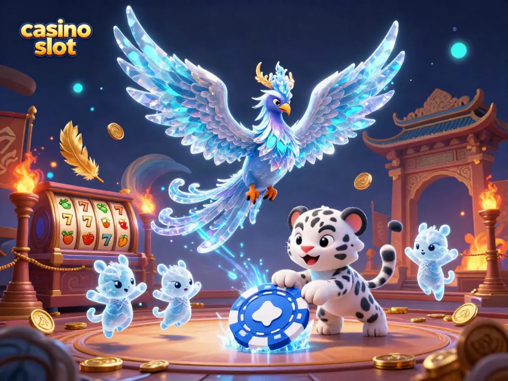 Immerse yourself in a vibrant casino slot scene featuring an ice phoenix and playful characters in action.