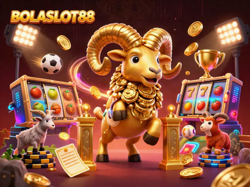 BOLASLOT88 showcases a dynamic illustration of a charging golden ram symbolizing jackpot excitement in a bustling casino.