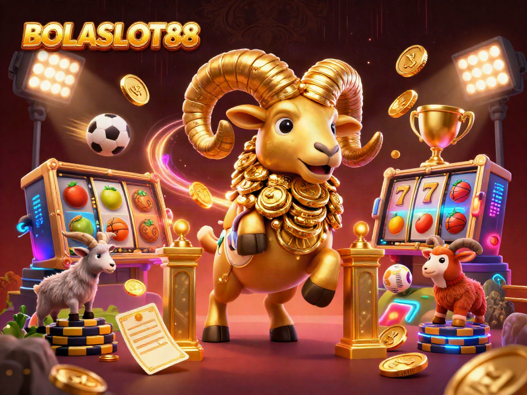 BOLASLOT88 showcases a dynamic illustration of a charging golden ram symbolizing jackpot excitement in a bustling casino.