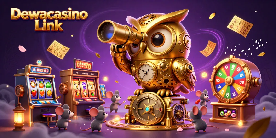 Experience thrilling gameplay with Dewacasino Link featuring a 3D cartoon owl and slot machines.