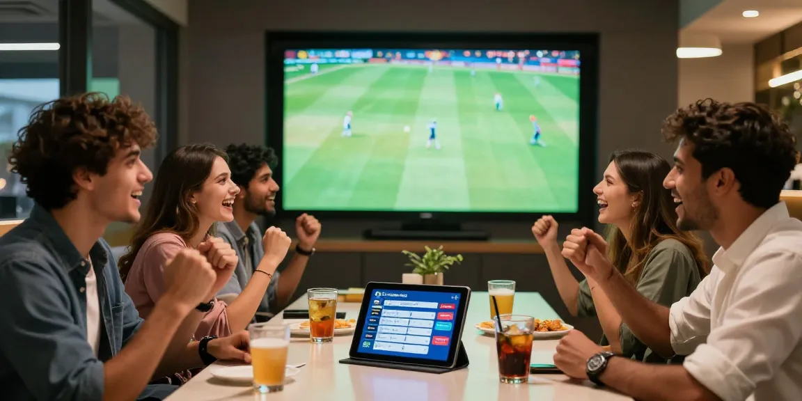 Friends engaging in cricket betting, showcasing Fairplay Casino ID in a vibrant sports lounge