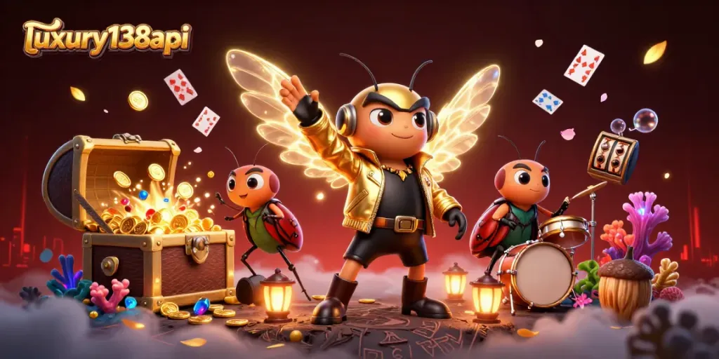Experience thrilling gaming action with luxury138api featuring a vibrant, cartoonish scene of a cicada rock star and friends.