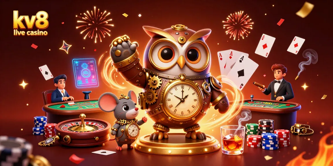 Experience the excitement of kv8 live casino with a vibrant 3D scene of characters and gaming elements.