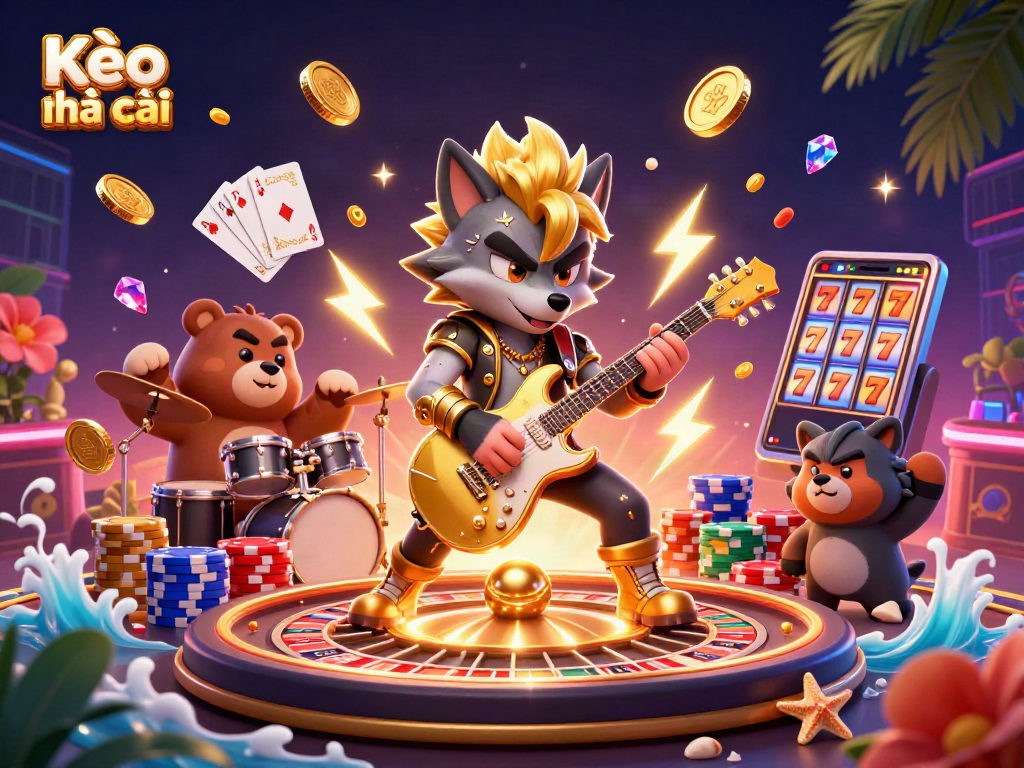 Kèo nhà cái provides thrilling moments as a rock star wolf plays guitar on a vibrant casino stage.