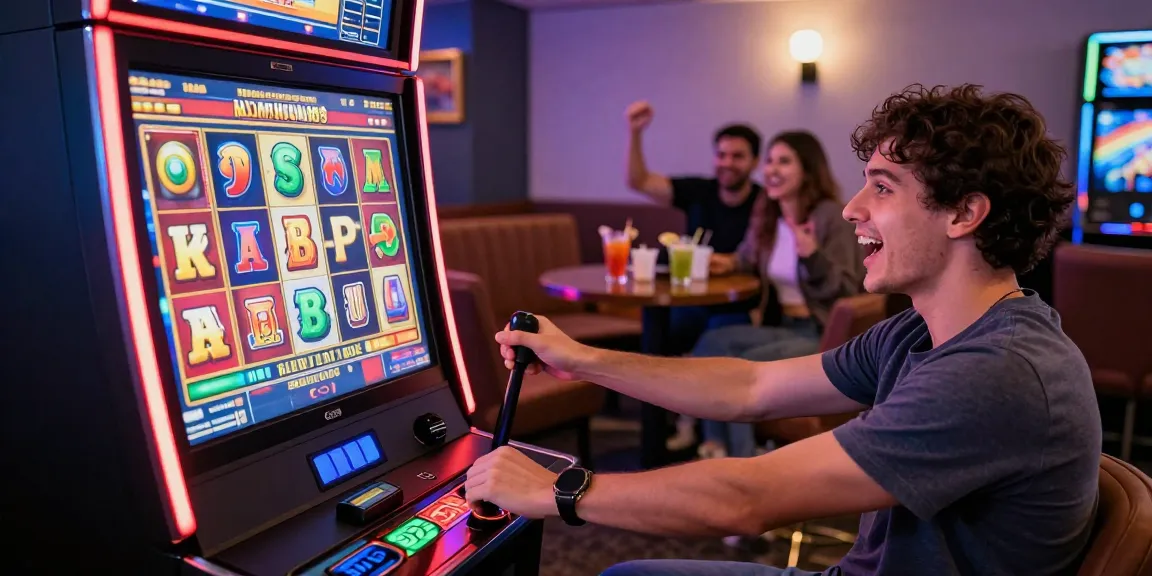 Excited player enjoying rajakhodam89 slot at vibrant casino.