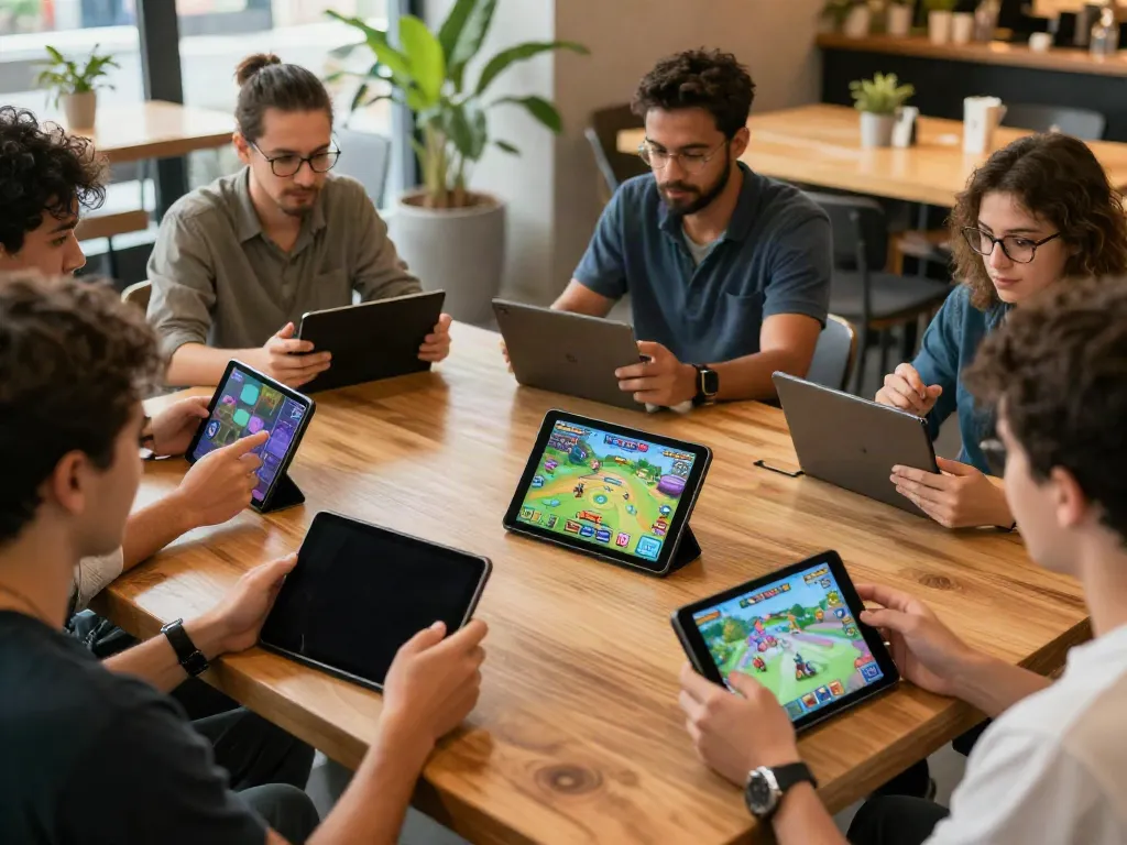 Engaging scene of adults playing yono games on mobile devices in a lively cafe.