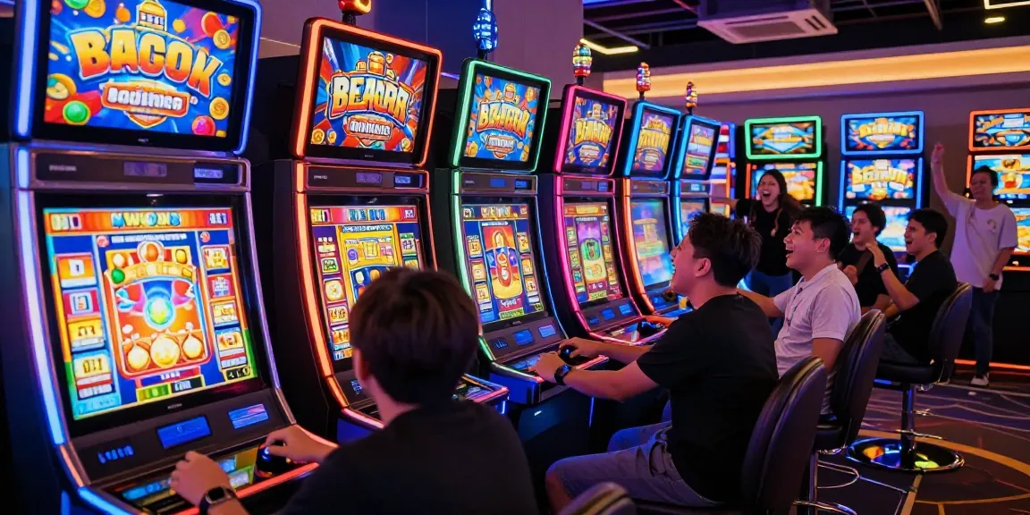 Pengalaman bermain slot gacor di kasino dengan pemain antusias dan mesin slot berwarna-warni.