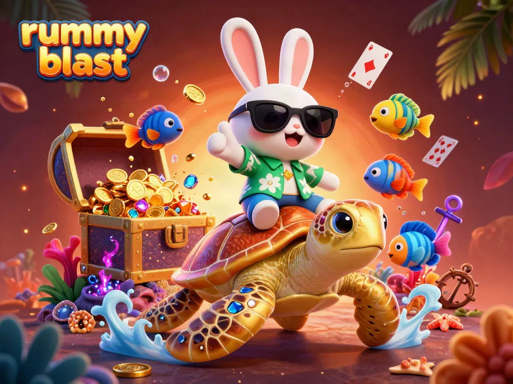 Experience rummy blast with vibrant underwater characters and exciting elements in a gaming scene.