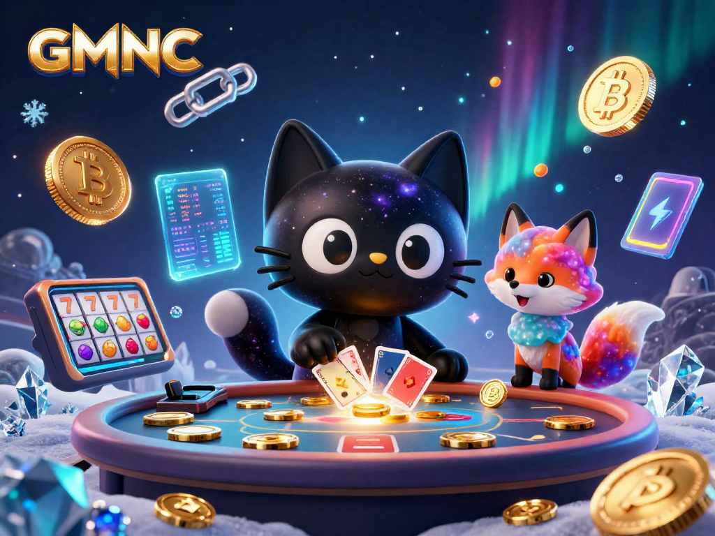 Engage with GMNC at the cosmic casino table featuring a black hole cat and vibrant NFT elements.