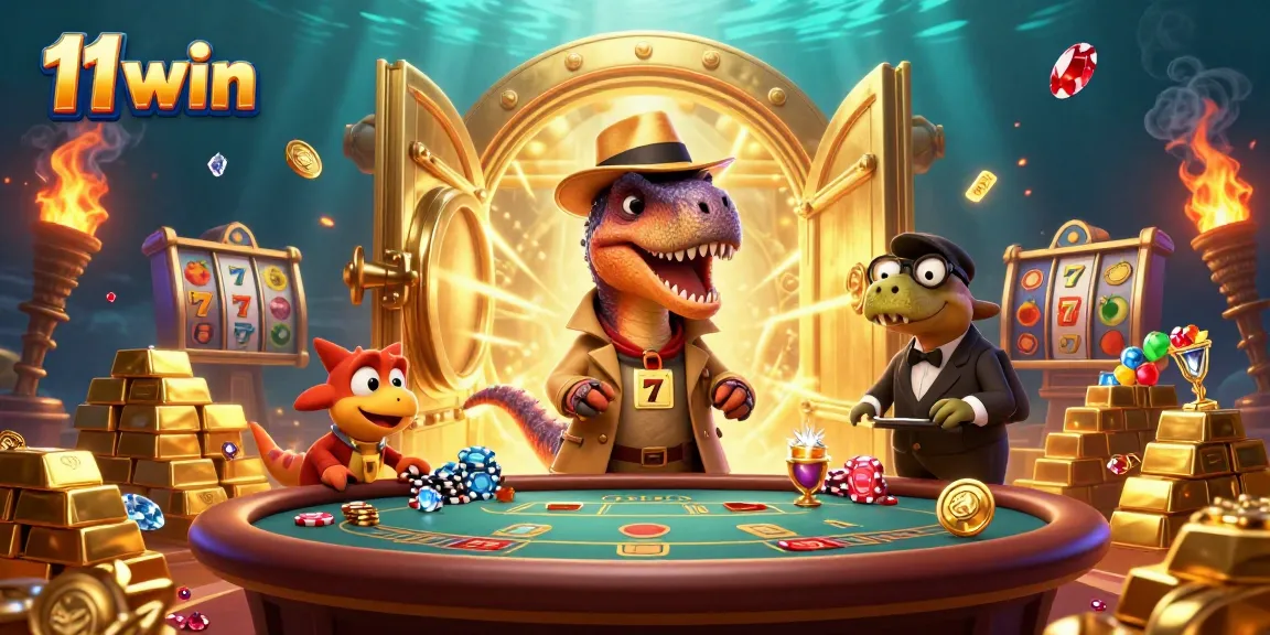 Experience the thrill of 11 win at a playful casino scene featuring a velociraptor card counter.