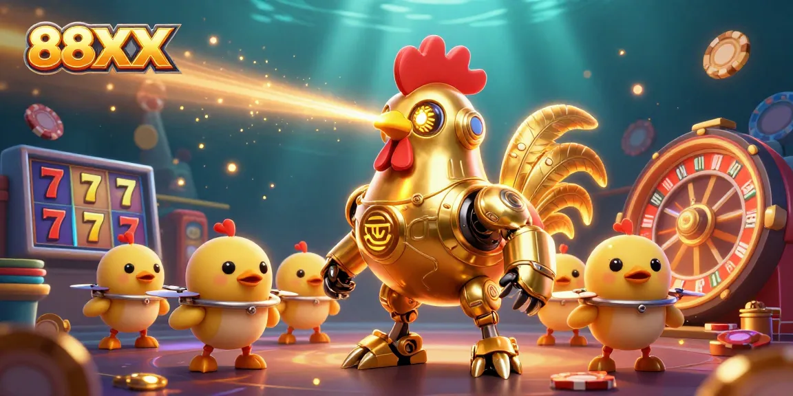 Engage with thrilling games at 88XX, where a spectacular golden rooster robot leads baby chick drones in a vibrant casino scene.