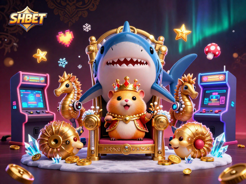 Experience excitement with SHBET in a vibrant 3D casino scene featuring a golden hamster king.