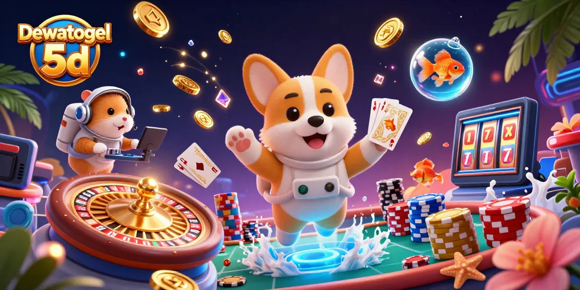 Dewatogel 5d showcases a vibrant 3D scene of an astronaut corgi winning in a cosmic casino.
