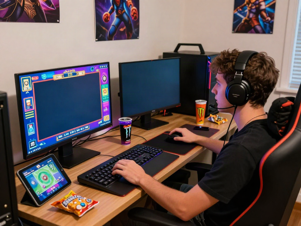 Excited gamer enjoying akunjp online slot game in colorful room.
