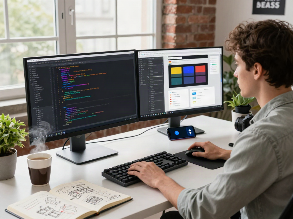 Innovative software development workspace at https://alo8app.win/ featuring coding setup, dual monitors, and creative tools in a bright environment.