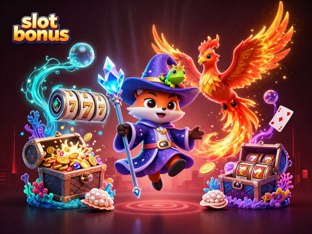 Experience winning with slot bonus in an enchanting 3D casino illustration featuring magical characters.