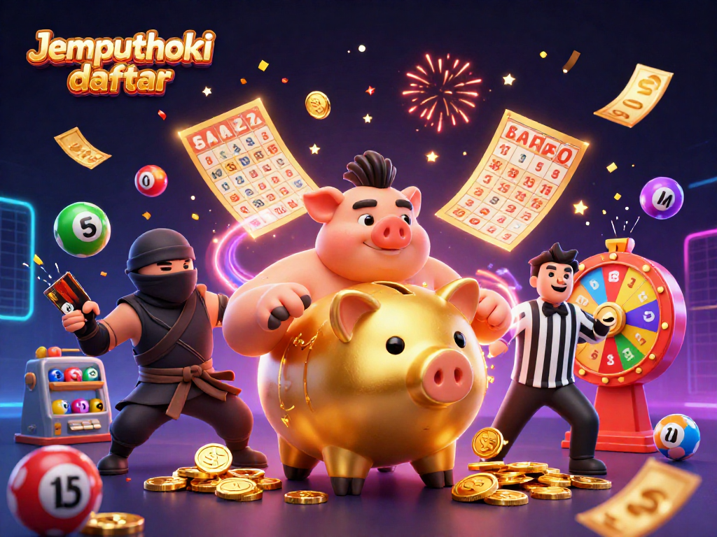 Experience excitement with Jemputhoki daftar featuring a dynamic 3D illustration of characters and lottery elements.