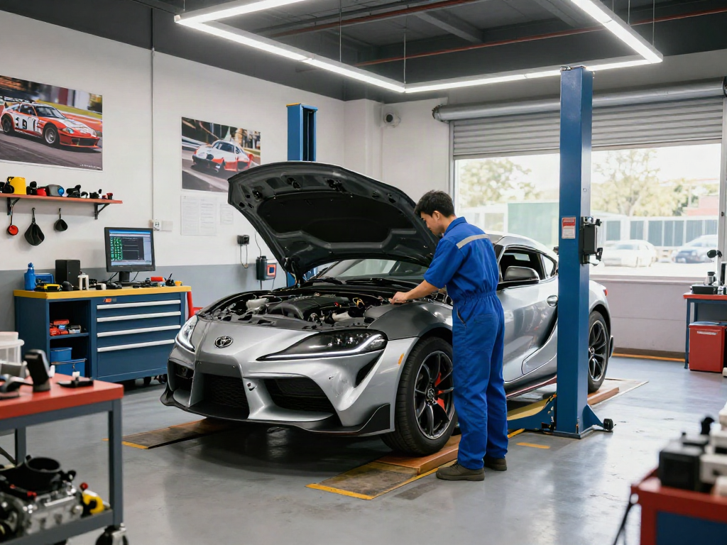 Dynamic automotive workshop showcasing A80 platform tuning with a mechanic at work.