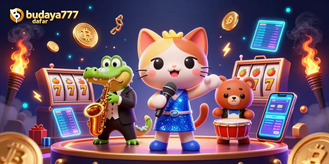 Menyaksikan budaya777 daftar sambil bermain slot di kasino dengan karakter lucu, simbol keberuntungan, dan elemen digital menarik.