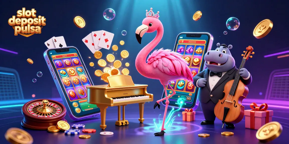 Experience slot deposit pulsa with vibrant casino scene featuring singer flamingo and hippo bassist.