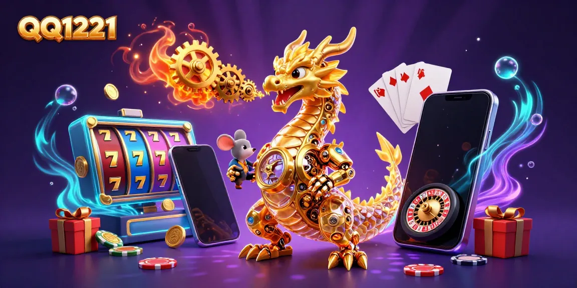 Engage with unique QQ1221 slot games through vibrant visuals of a golden dragon and dynamic gaming elements.