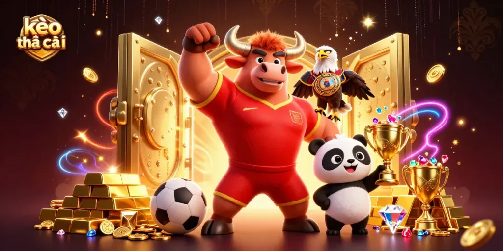 Watch the bull mascot celebrating with kèo nhà cái trophies and riches in a lively casino scene.