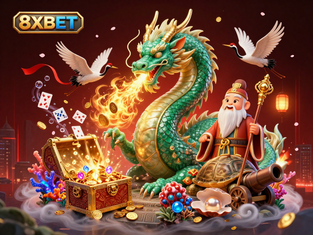 Engage in thrilling gameplay with 8XBET, featuring vibrant visuals of a jade dragon and dynamic casino elements.