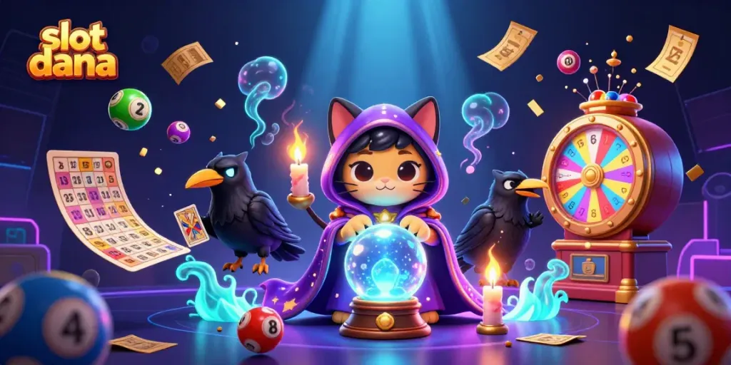 Permainan slot dana menampilkan kitty peramal dan korvo dalam aksi magis yang penuh warna.