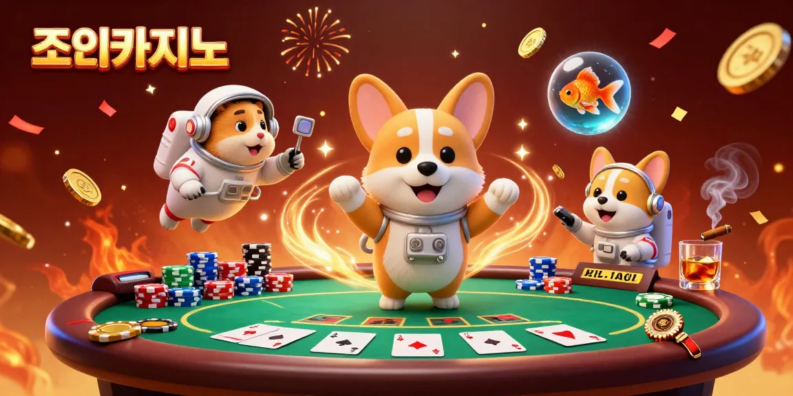 Experience the excitement at 조이카지노 with a vibrant casino scene featuring a floating corgi and poker elements.