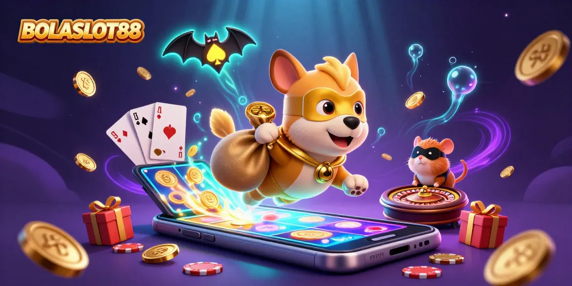 BOLASLOT88 unleashes fun with a superhero dog flying through a vibrant casino world of games.