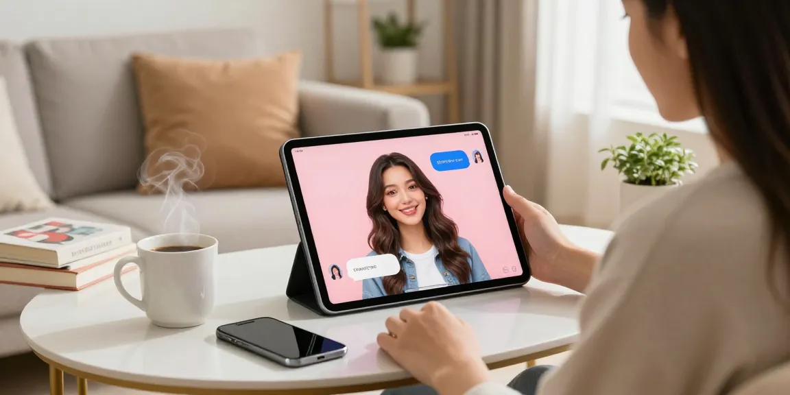 User engaging with an AI girlfriend app in a cozy living room, showcasing virtual companionship with the ai gf displayed on a tablet screen.
