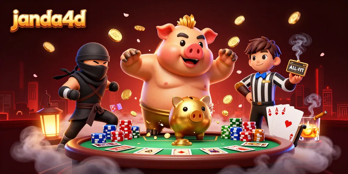 Janda4D hadir dengan ilustrasi 3D yang menampilkan pegulat sumo celengan emas, ninja dompet, dan wasit samurai kartu.