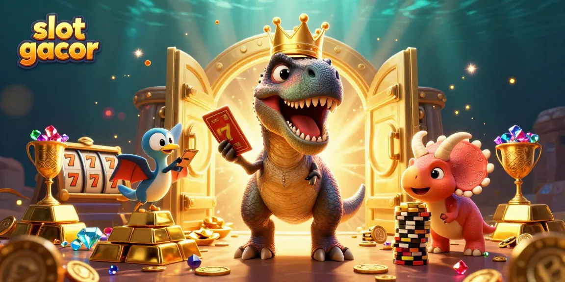 Menangkan slot gacor dengan T-Rex bermahkota emas yang sedang mengocok kartu di kasino.
