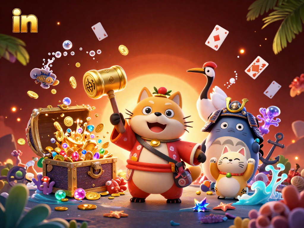 Experience excitement in a vibrant 3D casino scene featuring a lucky tanuki and fortune cats.