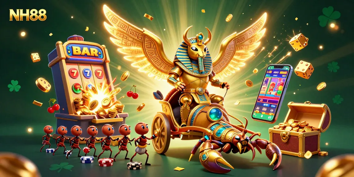 Experience NH88's vibrant gambling scene with a golden scarab beetle and glamorous casino elements.