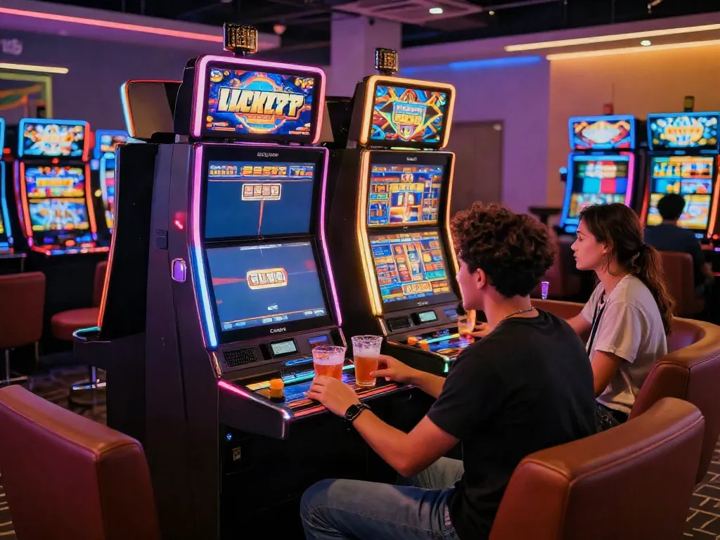 Friends engaging in a fun night at the gaming lounge while playing Lucky777 slot machines.