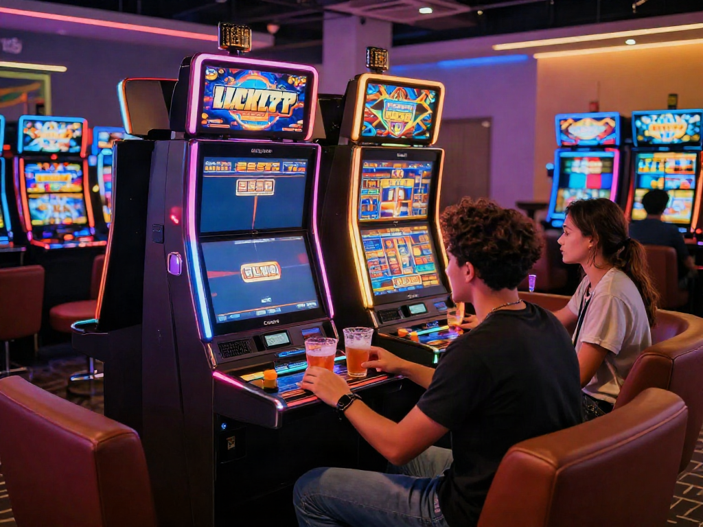 Friends engaging in a fun night at the gaming lounge while playing Lucky777 slot machines.