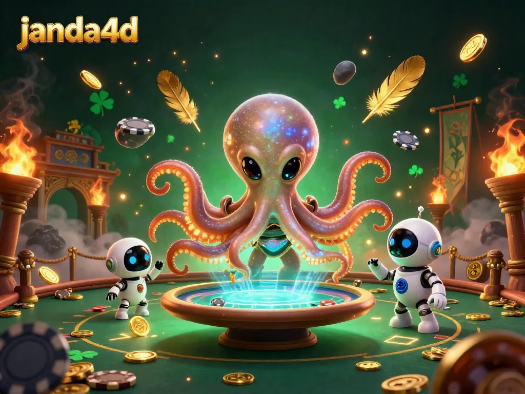 JANDA4D menyediakan pengalaman kasino interaktif dengan karakter kartun alien dan elemen permainan yang menarik.