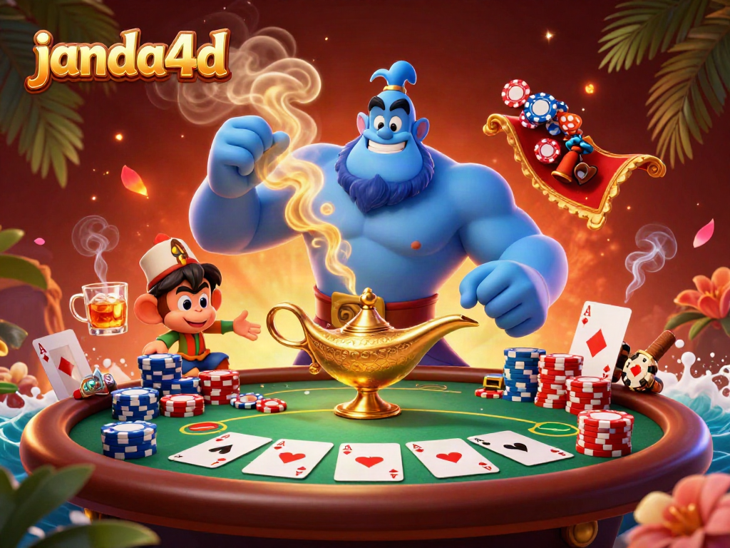 Permainan slot janda4d dengan karakter genie dan tumpukan chip di kasino virtual yang megah.