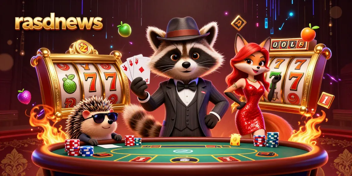 Rasdnews menghadirkan suasana kasino dengan rakun, rubah, dan landak di antara tumpukan chip poker.