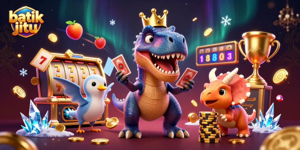 Batik jitu sebagai agen game online terpercaya dengan karakter kartun dinosaur yang menarik dalam suasana kasino.