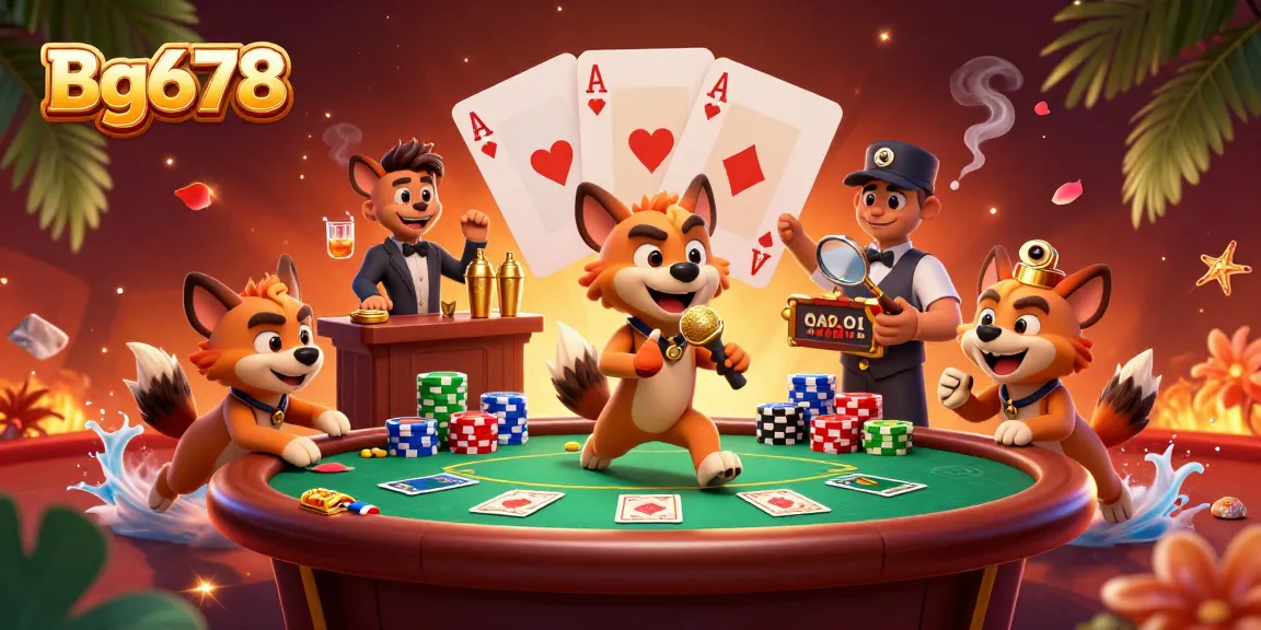 Bg678 featuring hyenas in a cartoon casino scene with poker action and vibrant details