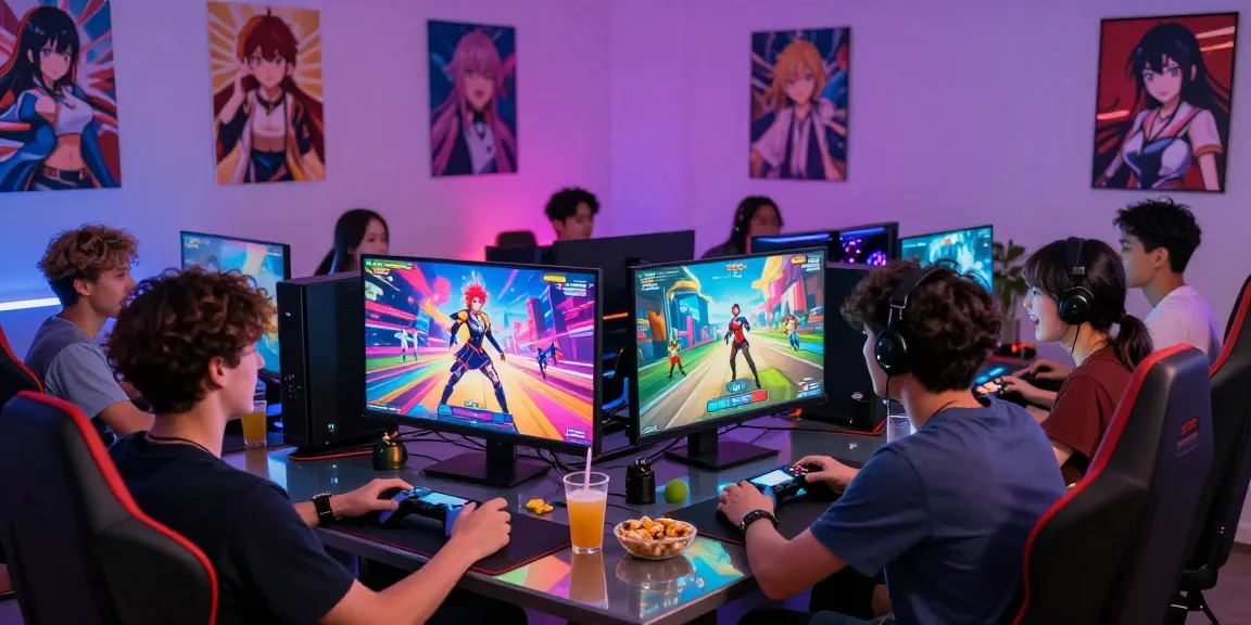 Young adults enjoying hentai games in a vibrant gaming atmosphere.