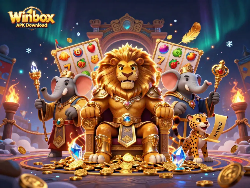 Engage in thrilling gaming with the vibrant Winbox APK Download illustration featuring a majestic lion king.