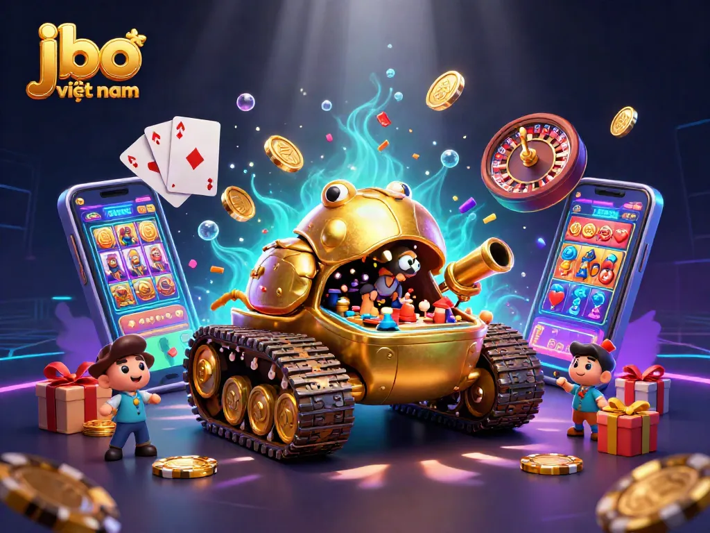 Engage in thrilling casino action with jbo việt nam featuring a vibrant 3D casino scene with games and prizes.