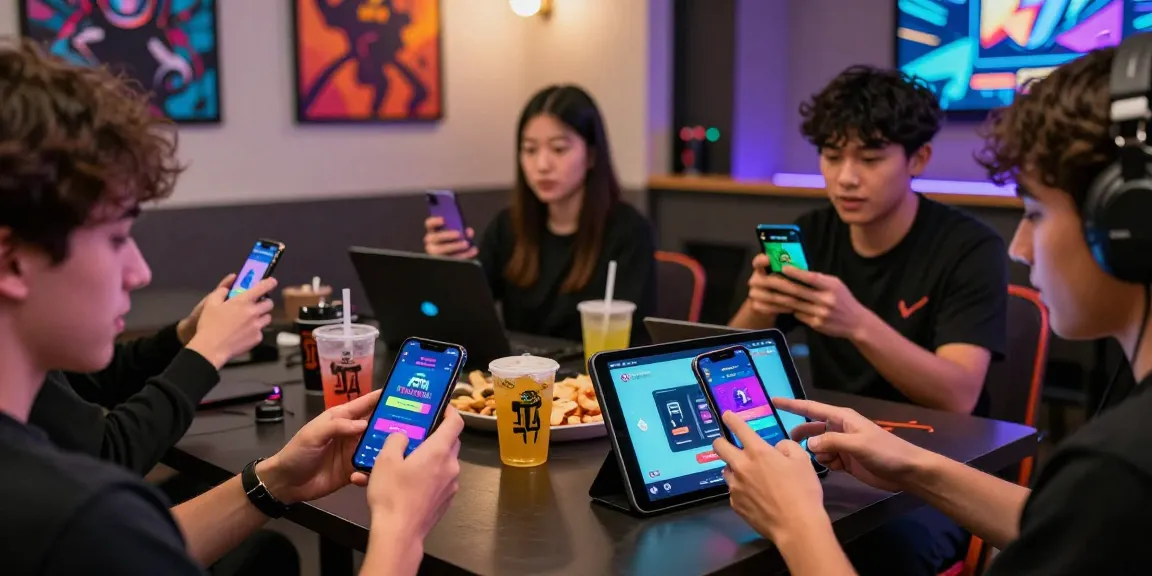 Raja Game login scene with players tapping on mobile devices in a vibrant lounge.
