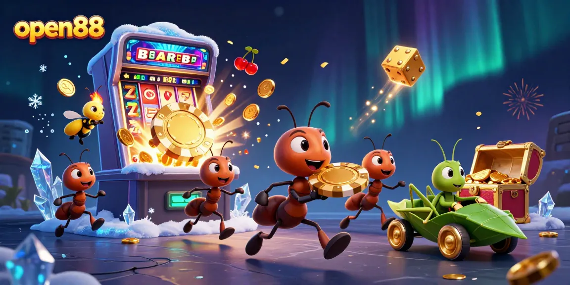 Experience open88's thrilling gameplay with a team of ants stealing a giant poker chip amidst casino action.