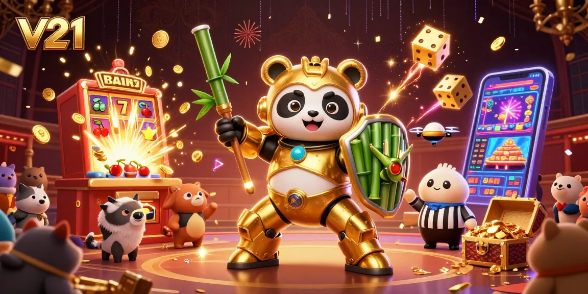 Slot V21 yang berkilauan dengan simbol jackpot dan karakter lucu dalam suasana kasino yang meriah.